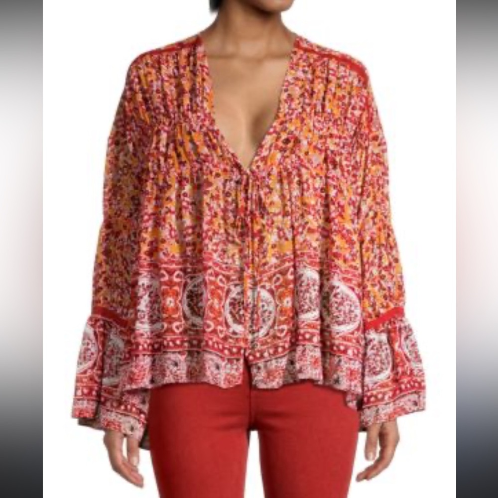 FREE PEOPLE Lorraine Boho Print Sheer Tie Front Top